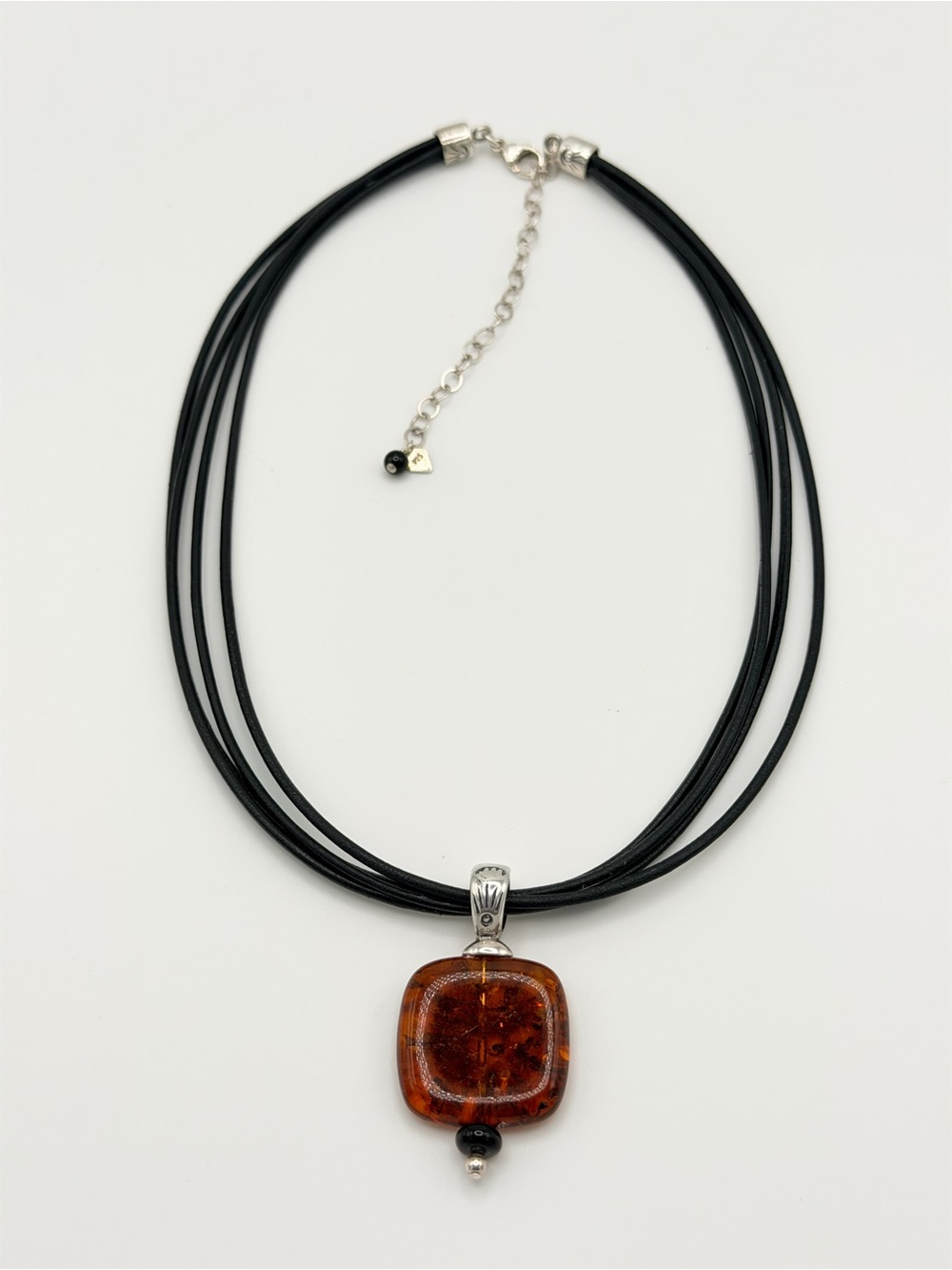Silpada Vintage Sterling 4-Strand Leather Amber Pendant w/Onyx Beads Necklace - Picture 7 of 15